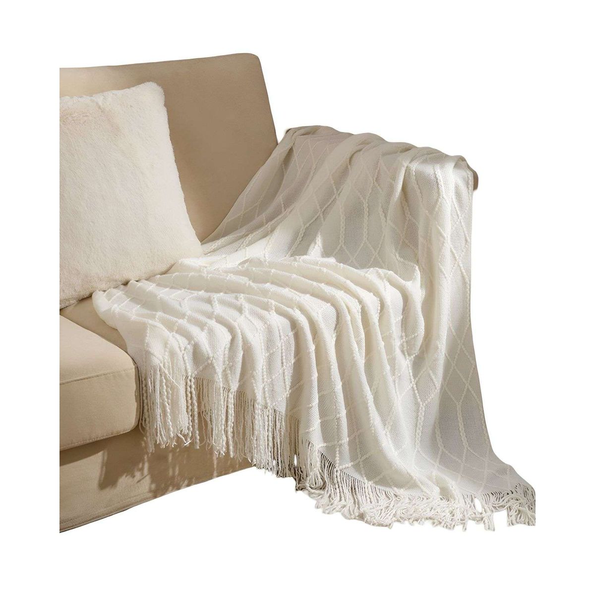 GENERICO - Manta Decorativa para sofas camas con Flecos 127x152 cm Blanco