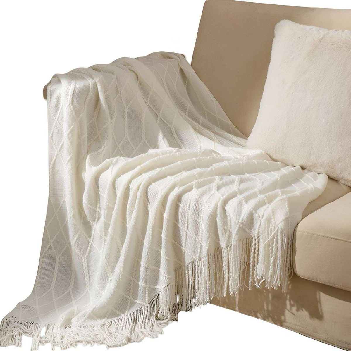 GENERICO - Manta Decorativa para sofas camas con Flecos 127x152 cm Blanco