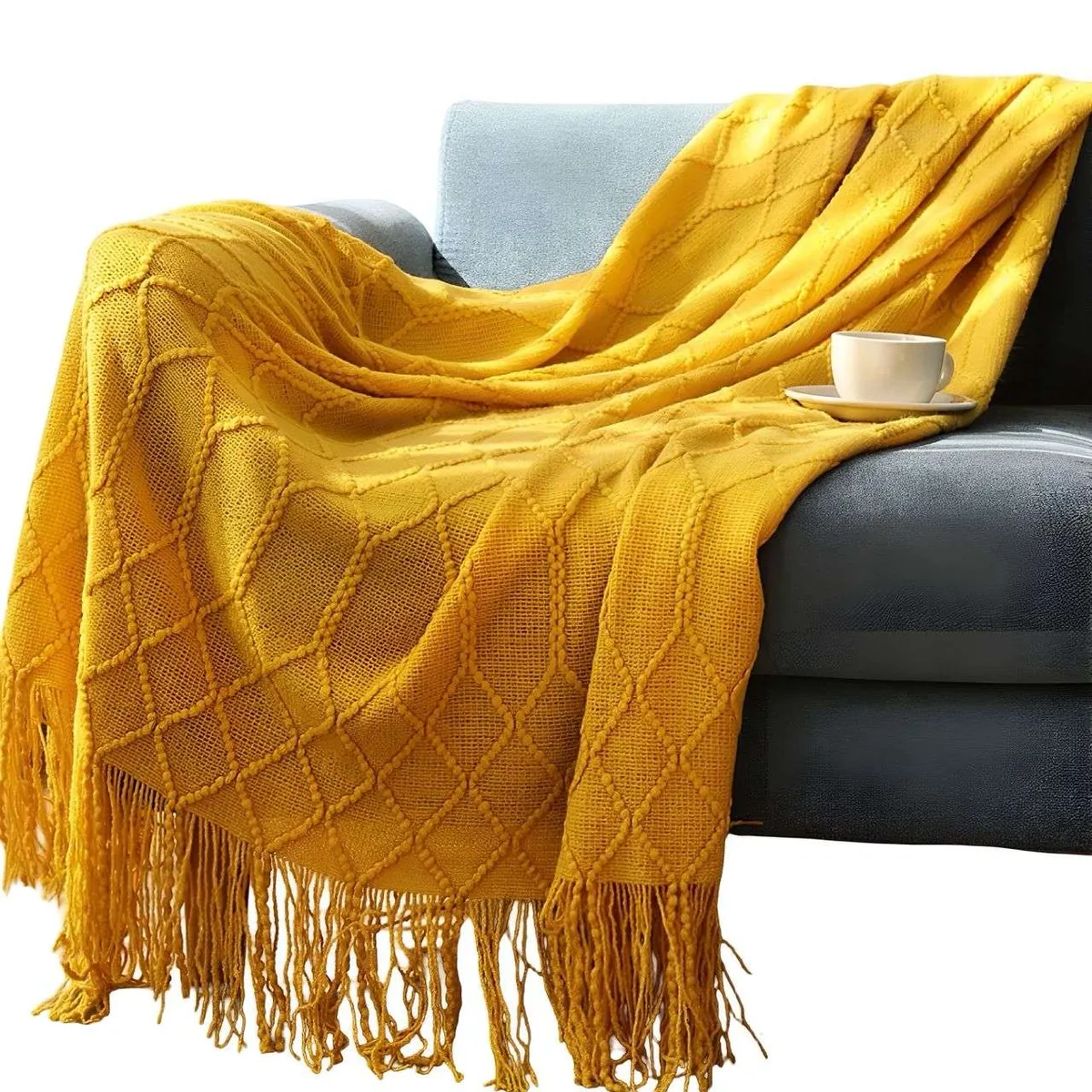 GENERICO - Manta Decorativa para sofas camas con Flecos 127x152 cm Amarillo