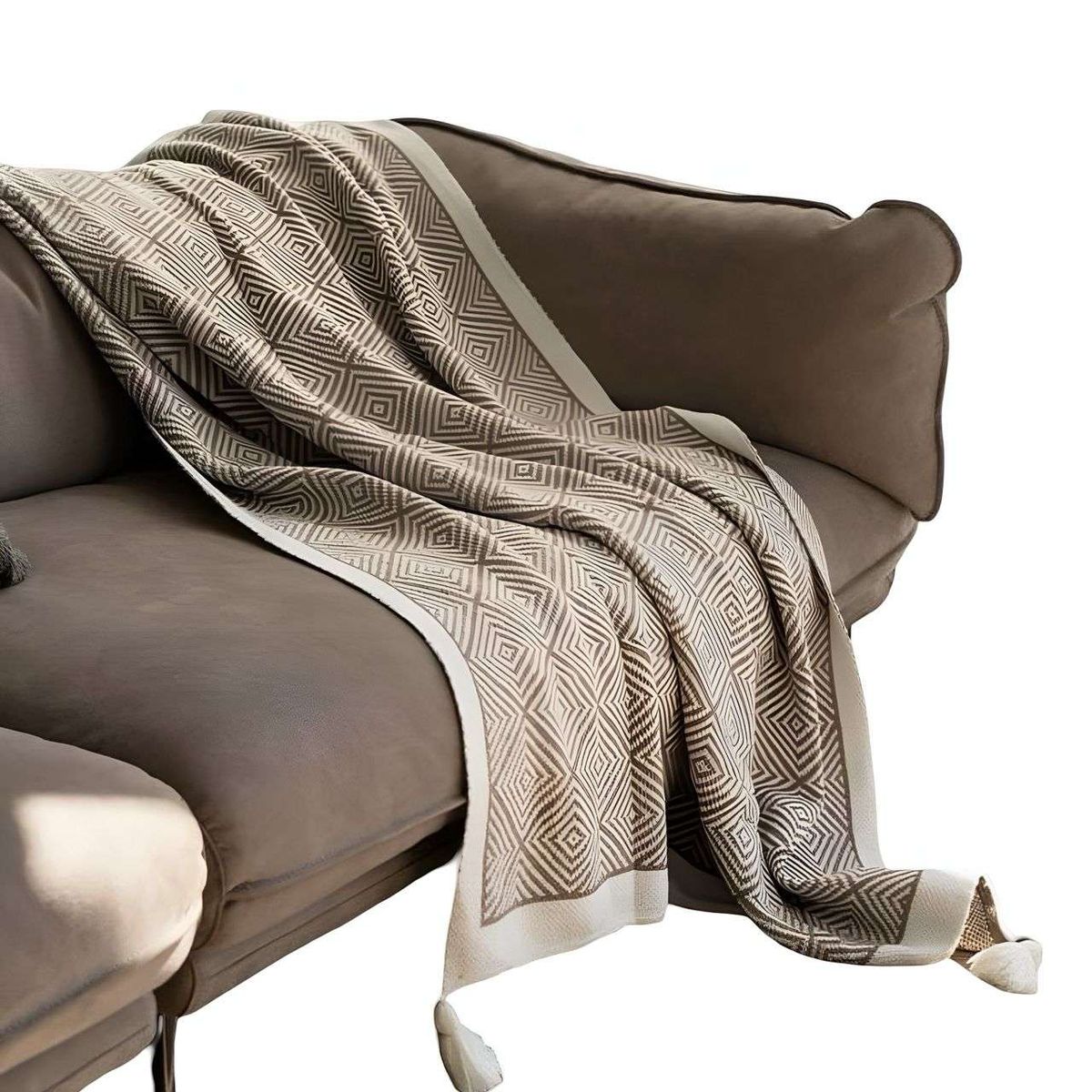 GENERICO - Manta Decorativa para sofas camas con pompon 130x150 cm Café