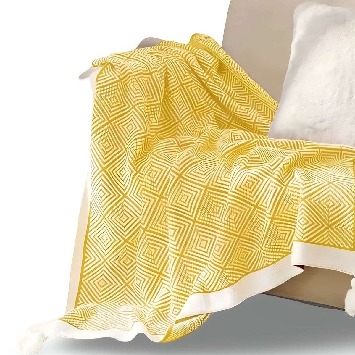 GENERICO - Manta Decorativa para sofas camas con pompon 130x150 cm Amarillo