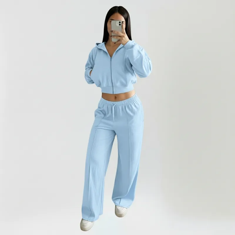 DESIGNERS - Conjunto Polerón Crop con Capucha y Pantalón Palazzo de Algodón Mujer