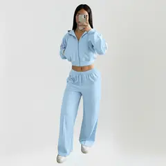 DESIGNERS - Conjunto Polerón Crop con Capucha y Pantalón Palazzo de Algodón Mujer