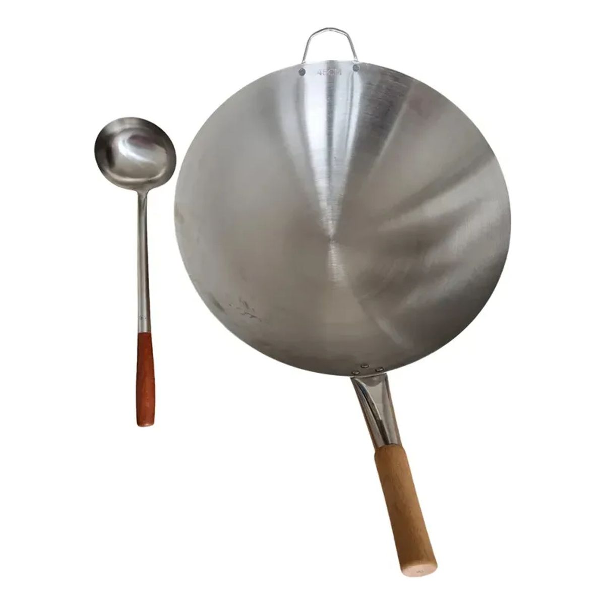 GENERICO - Pack Sarten Wok Chino + Cucharón Chino Para Freir Y Saltear Plateado