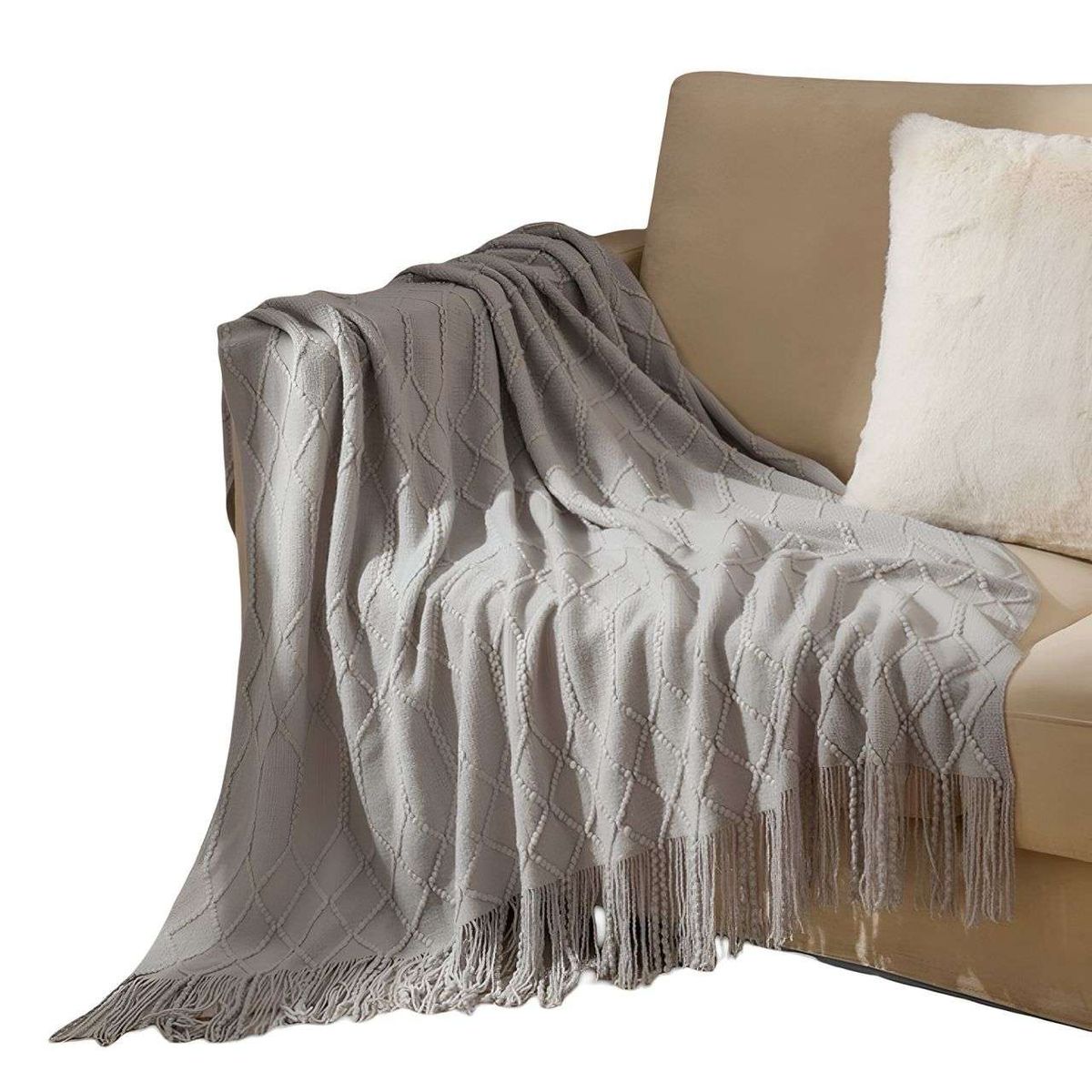 GENERICO - Manta Decorativa para sofas camas con Flecos 127x152 cm Gris