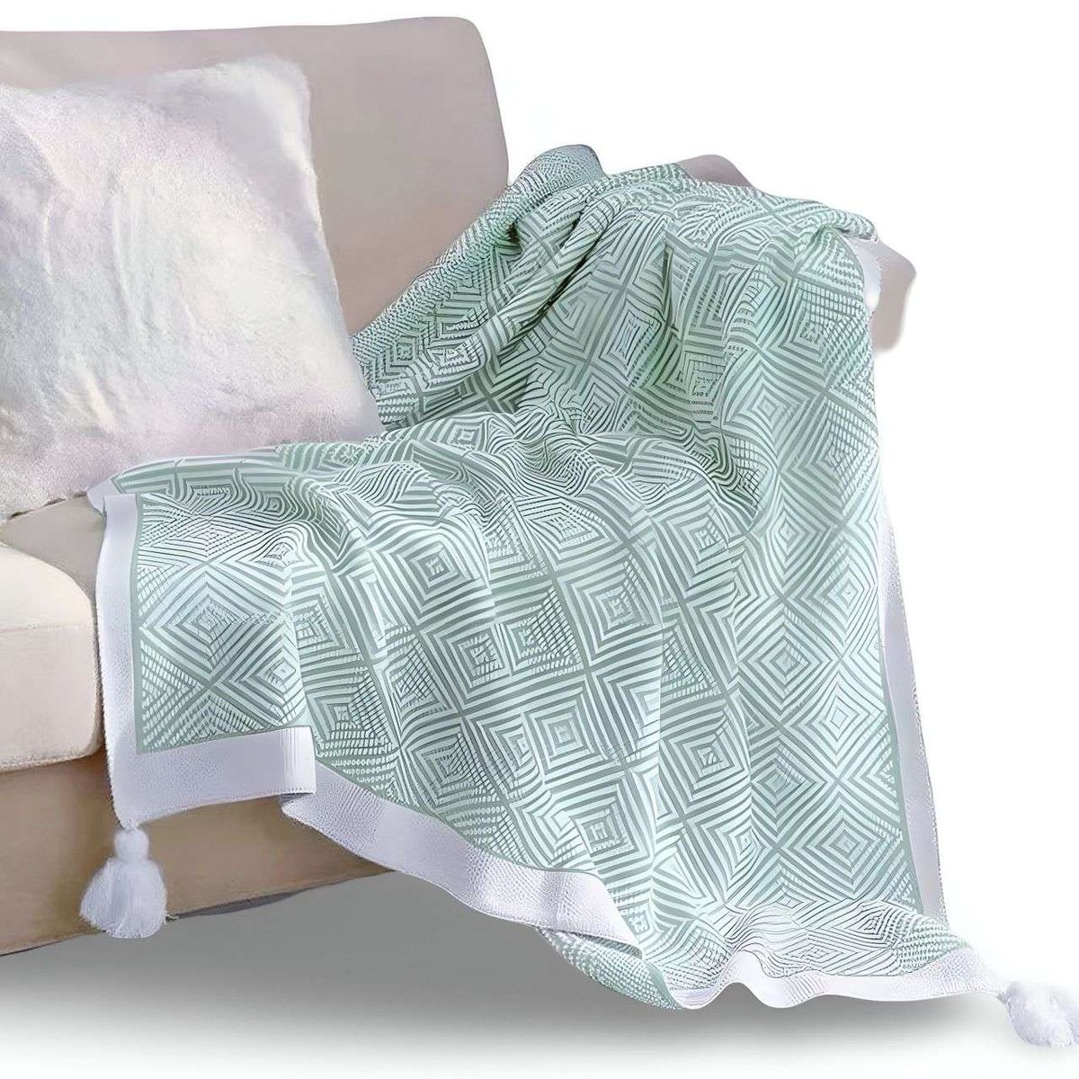 GENERICO - Manta Decorativa para sofas camas con pompon 130x150 cm Verde