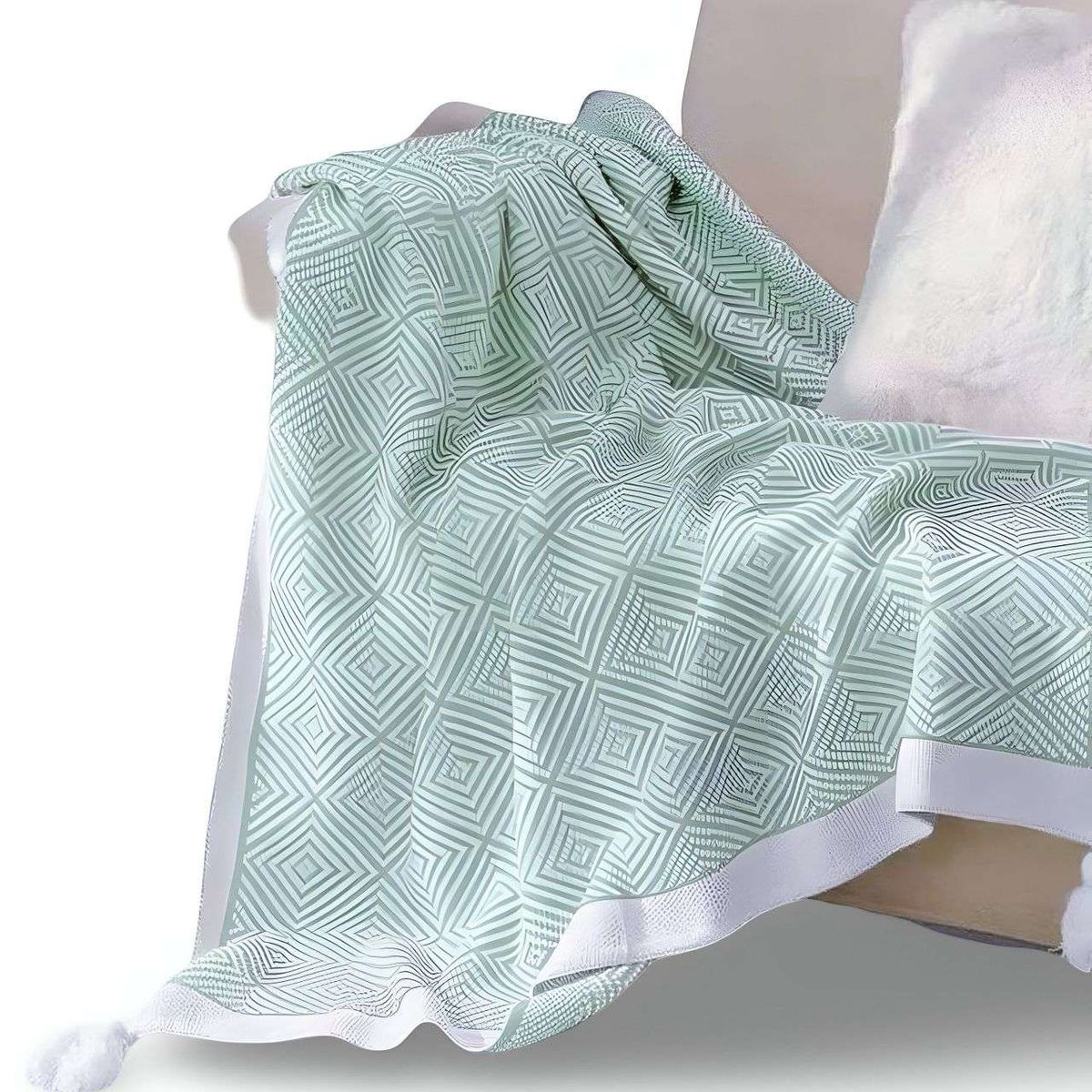 GENERICO - Manta Decorativa para sofas camas con pompon 130x150 cm Verde