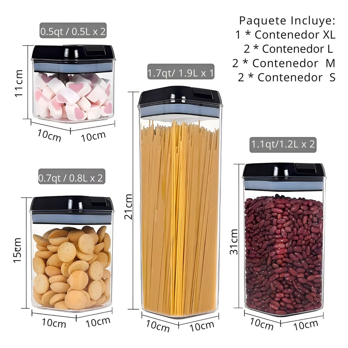 GENERICO - 7 Pcs De Contenedores De Alimentos Almacenamiento 7 Pcs Color Negro Plástico Resistente Con Tapa Selladora Hermética