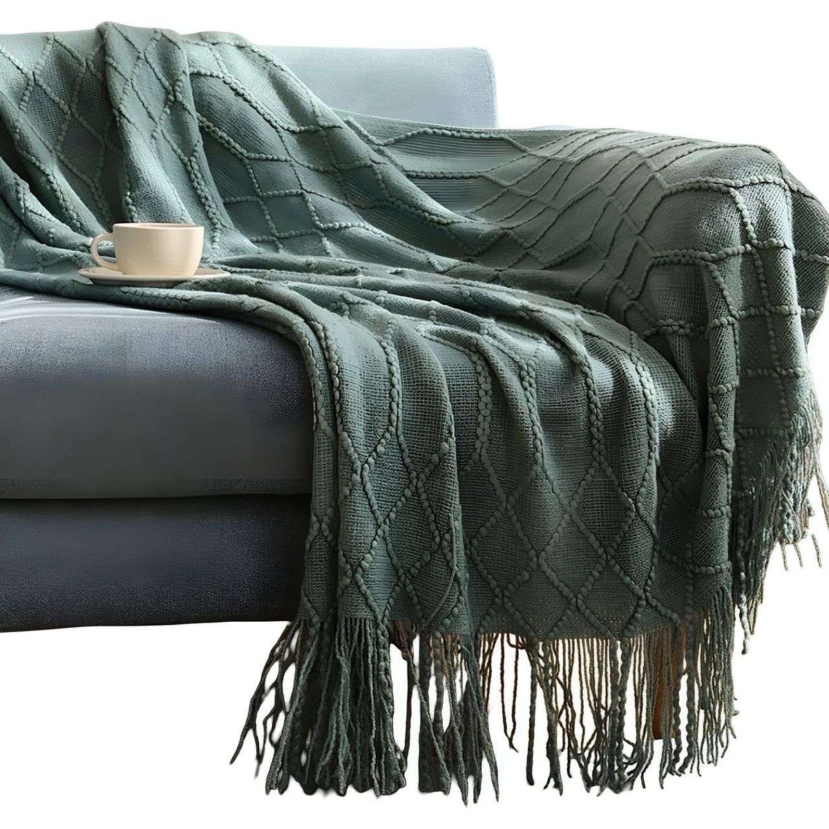Manta Decorativa para sofas camas con Flecos 127x152 cm Verde, marca GENERICO - Foto Principal