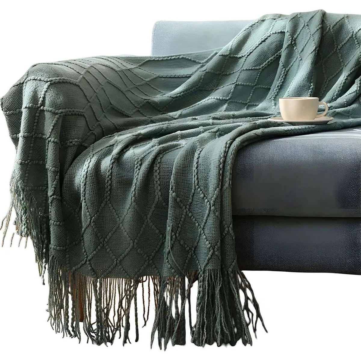 Manta Decorativa para sofas camas con Flecos 127x152 cm Verde, marca GENERICO - Foto 2