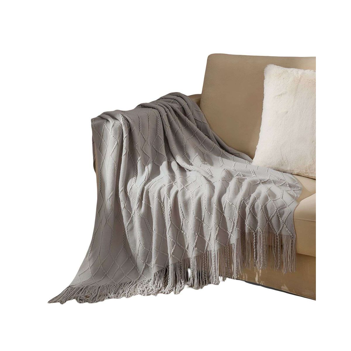 Manta Decorativa para sofas camas con Flecos 127x152 cm Gris, marca GENERICO - Foto Principal