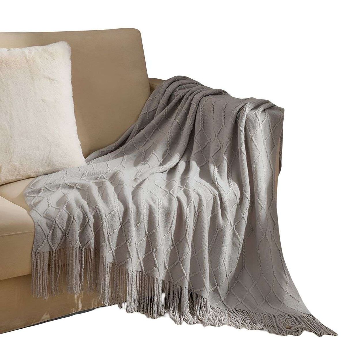 Manta Decorativa para sofas camas con Flecos 127x152 cm Gris, marca GENERICO - Foto 2