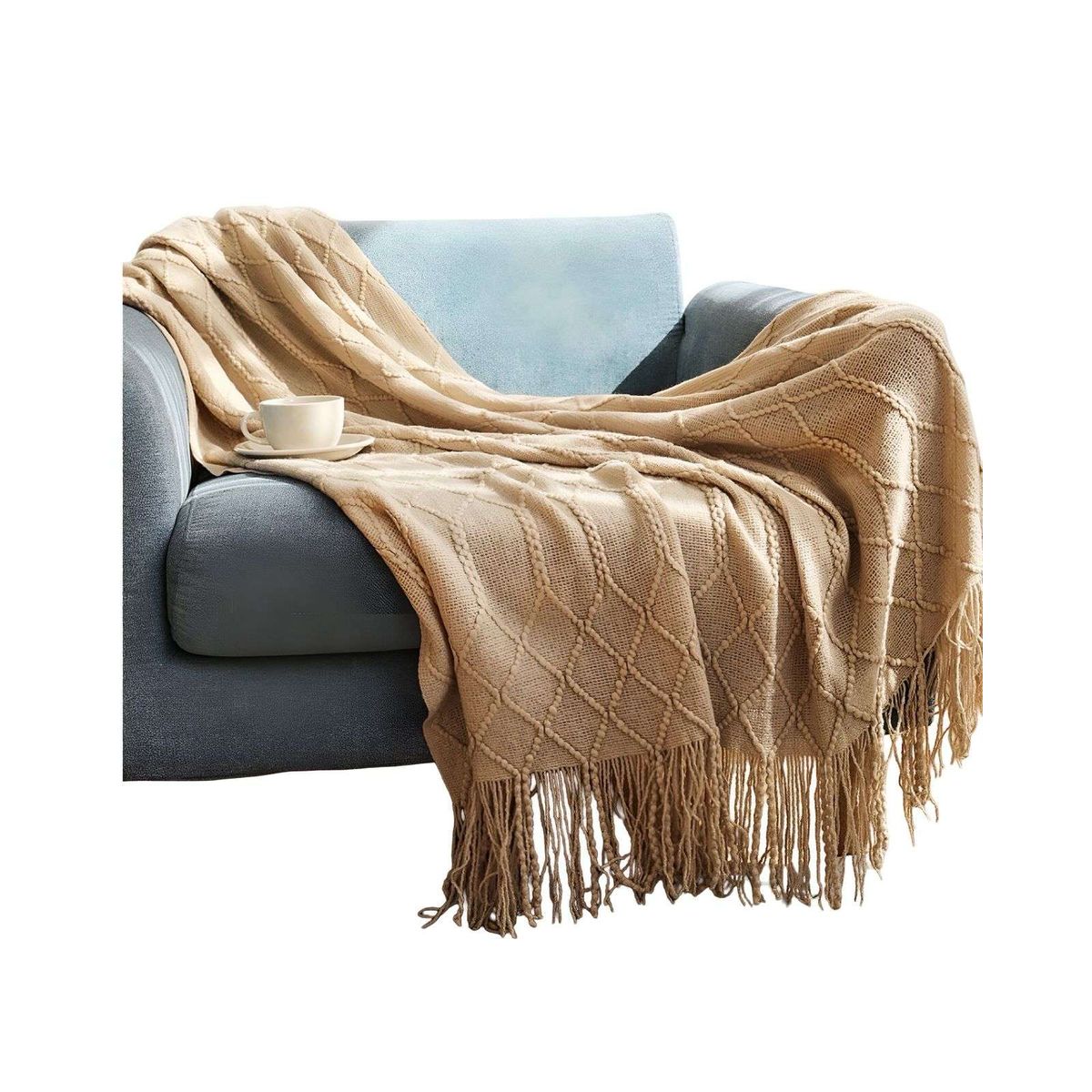 GENERICO - Manta Decorativa para sofas camas con Flecos 127x152 cm Beige