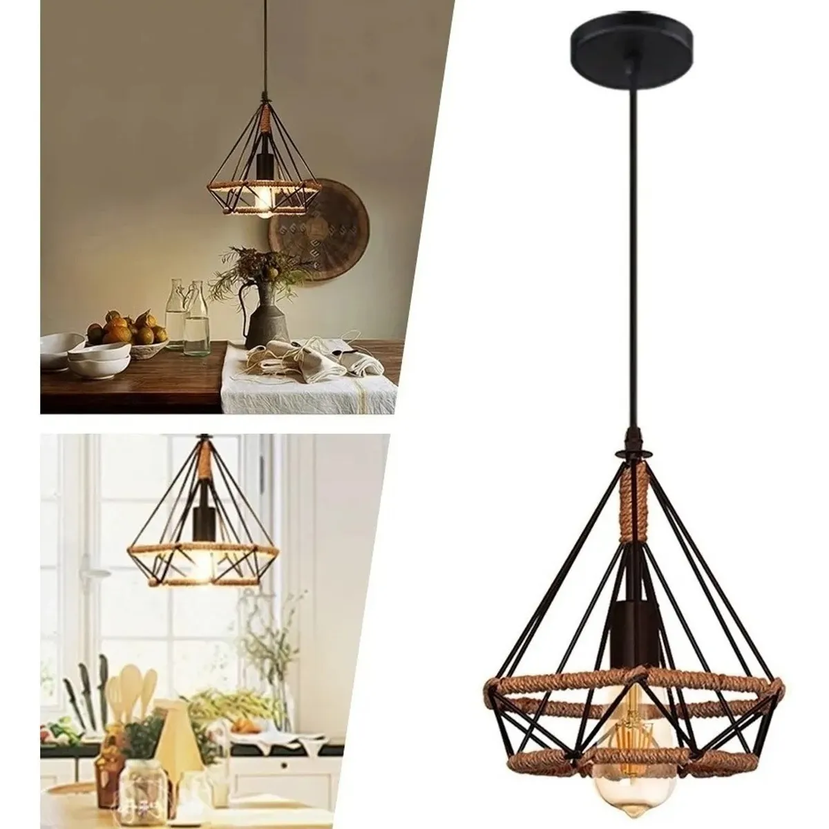 ANYHOGAR - Marco de lámpara de hierro forjado con cuerda de cáñamo sin fuente de luz