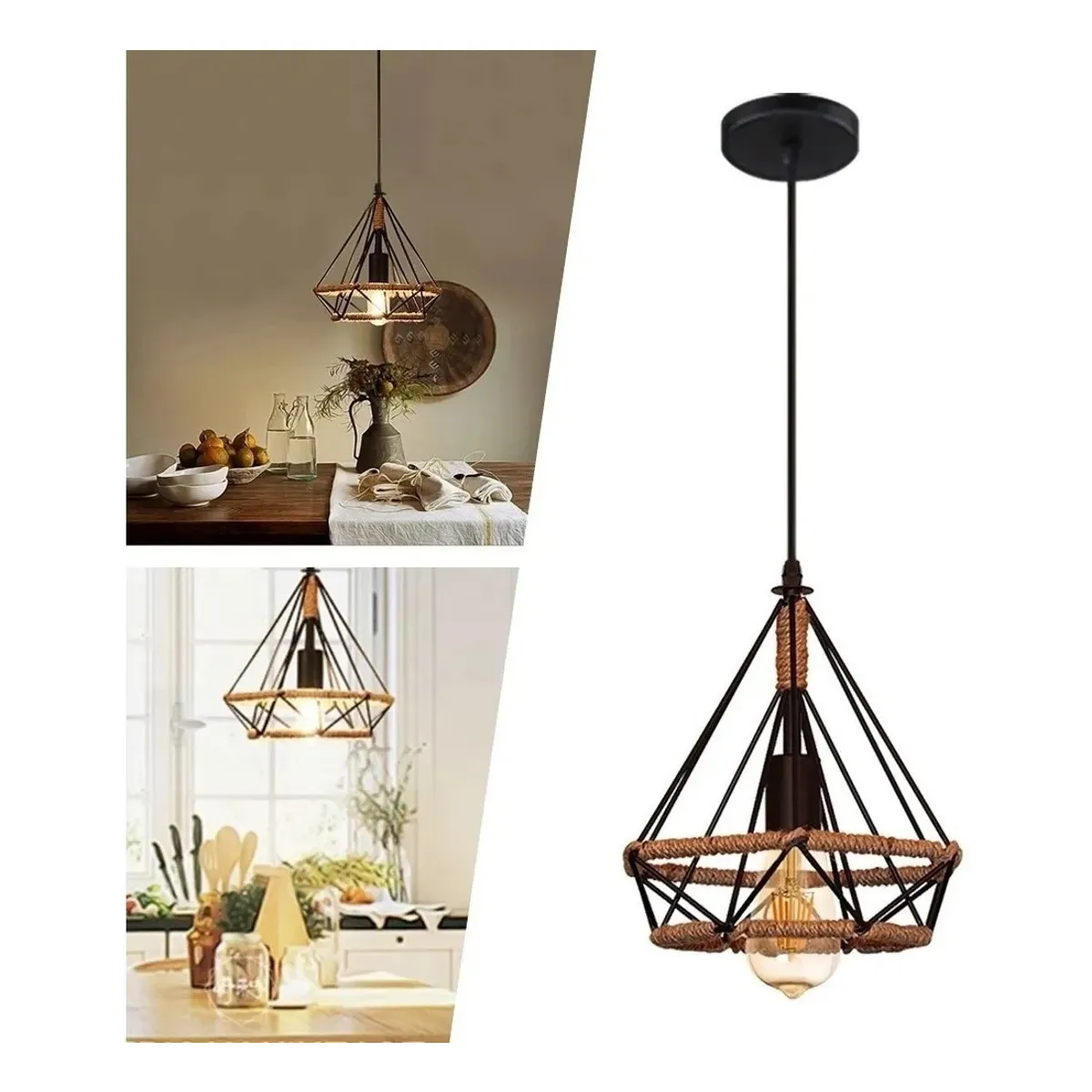 ANYHOGAR - Marco de lámpara de hierro forjado con cuerda de cáñamo sin fuente de luz