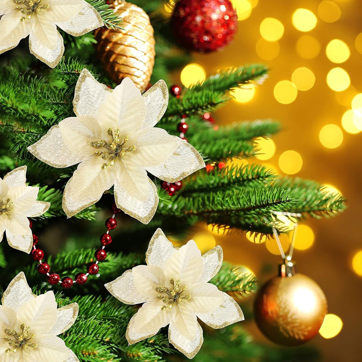 KUANGYE - Pack 10 Flores Navideñas Adorno Navidad Árbol Con Clip 14cm