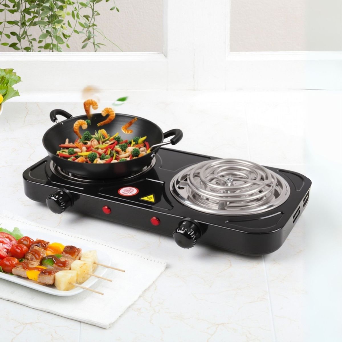 LINE - Cocina Eléctrica 2 Platos 2000W de Potencia Cocinilla Portátil Negro