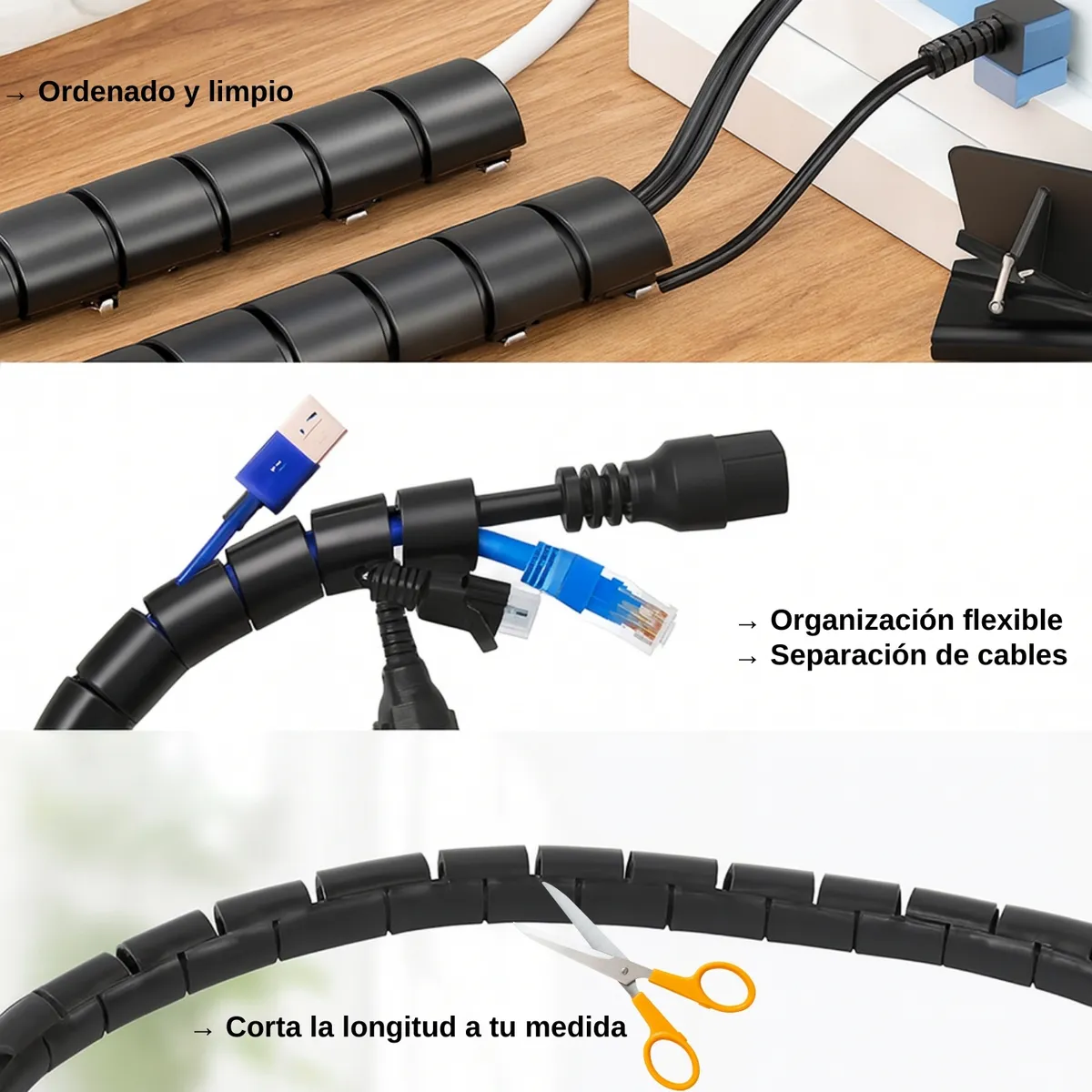 GENERICO - Organizador De Cables En Espiral 2 Metros Negro