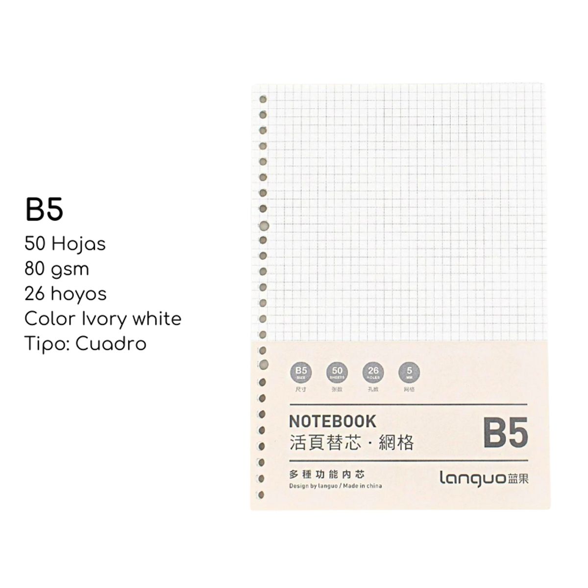 LANGUO - Pack2 Repuesto De Hojas Cuadro Para Libret Anillad B5 Languo