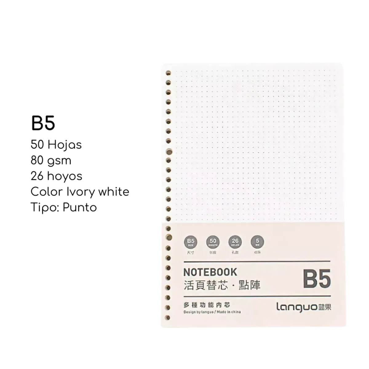 LANGUO - Pack2 Repuesto De Hojas Punto Para Libret Anillad B5 Languo