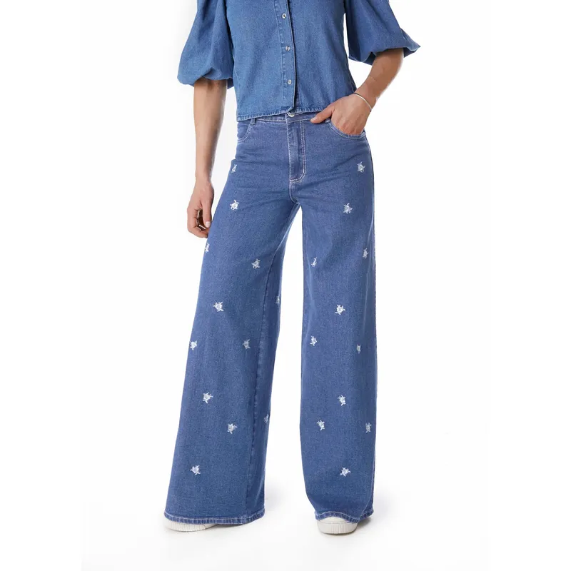EFESIS - JEANS GAEL PALAZZO FLORES BORDADAS AZUL EFESIS