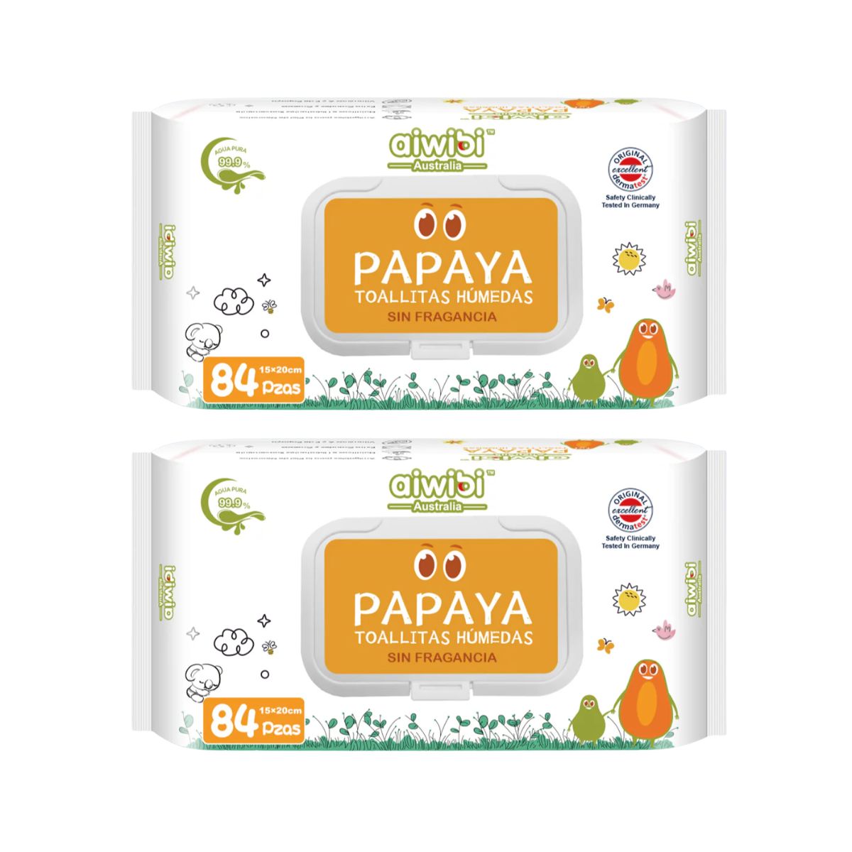 AIWIBI - 2 paquetes Toallitas Aiwibi 99.9% Agua Con Fibra De Papaya