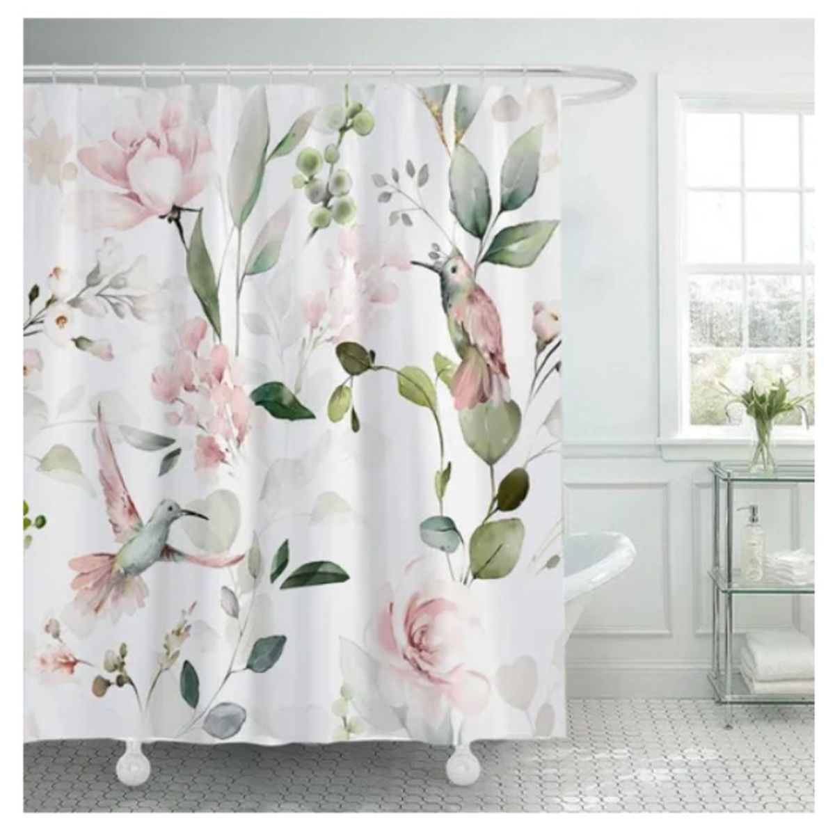 COMPRAPO - Cortina Baño Impermeable Jardín de Colibríes más 12 Ganchos