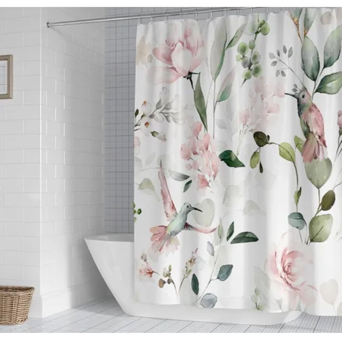 COMPRAPO - Cortina Baño Impermeable Jardín de Colibríes más 12 Ganchos