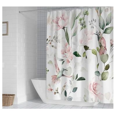 Imagen 2 del producto Cortina Baño Impermeable Jardín de Colibríes más 12 Ganchos