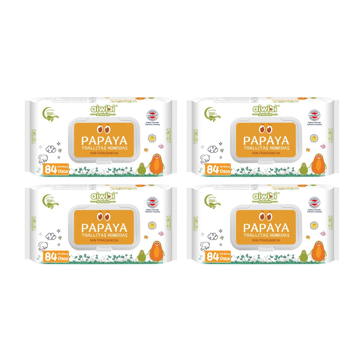 AIWIBI - 4 paquetes Toallitas Aiwibi 99.9% Agua Con Fibra De Papaya