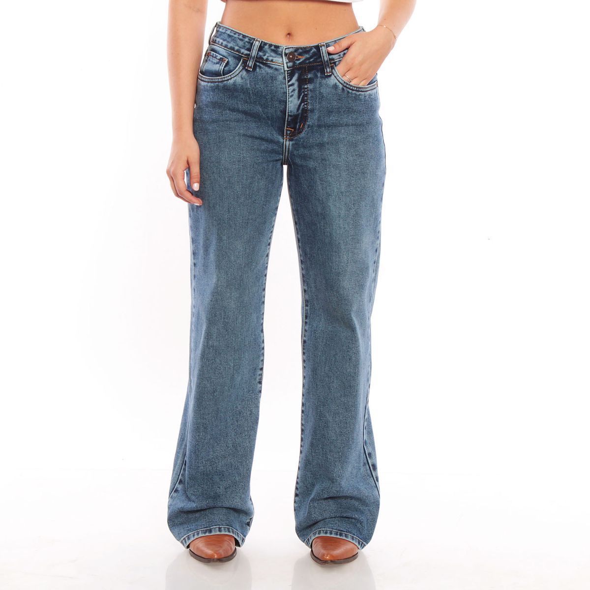 WADOS - JEANS WIDE LEG TIRO ALTO  PRETINA BASICA 1 BOTON