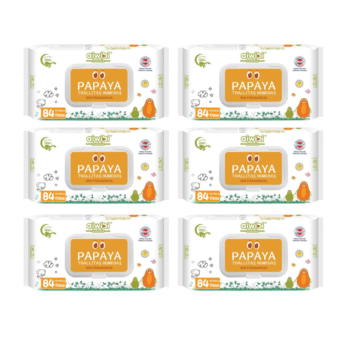 AIWIBI - 6 paquetes Toallitas Aiwibi 99.9% Agua Con Fibra De Papaya