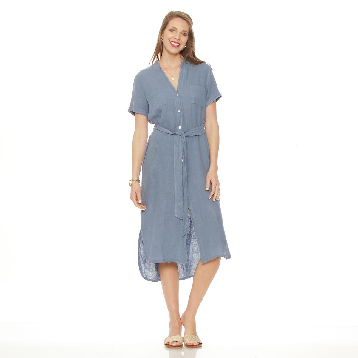 WADOS - VESTIDO CAMISERO LINO MANGA CORTA ABOTONADO EN DELANTERO