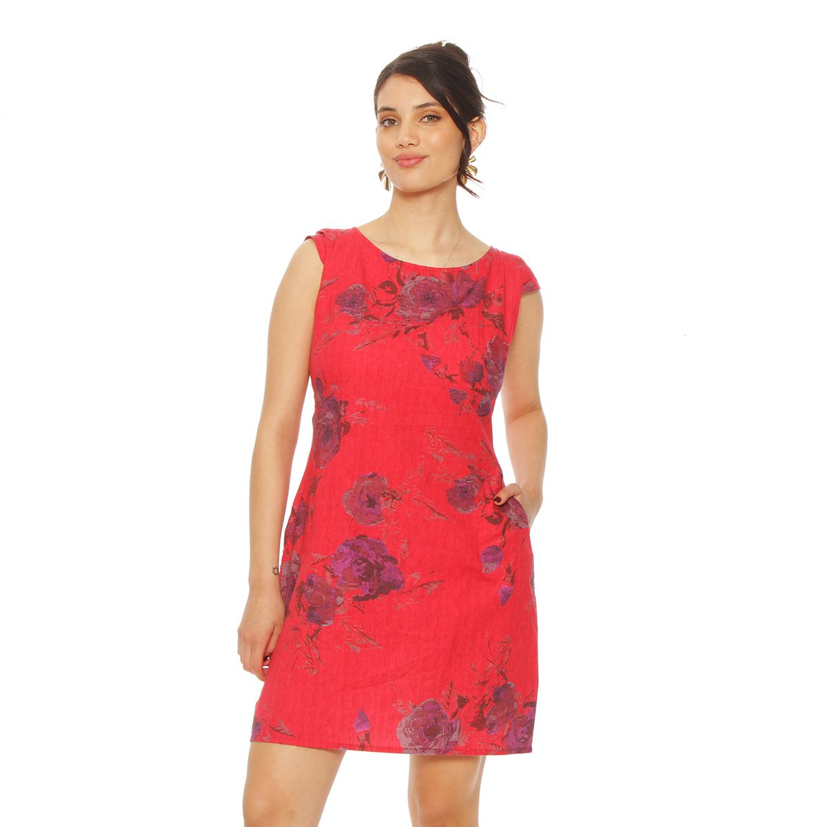 WADOS - VESTIDO MANGA CORTA LINO ESTAMPADO  ESCOTE REDONDO