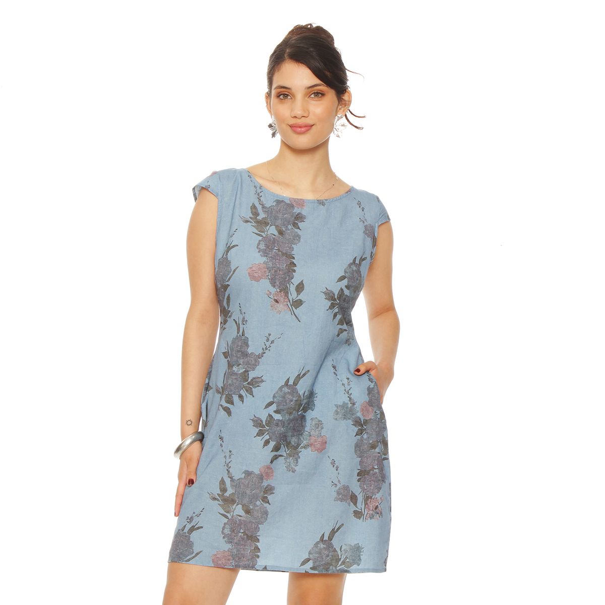 WADOS - VESTIDO MANGA CORTA LINO ESTAMPADO  ESCOTE REDONDO