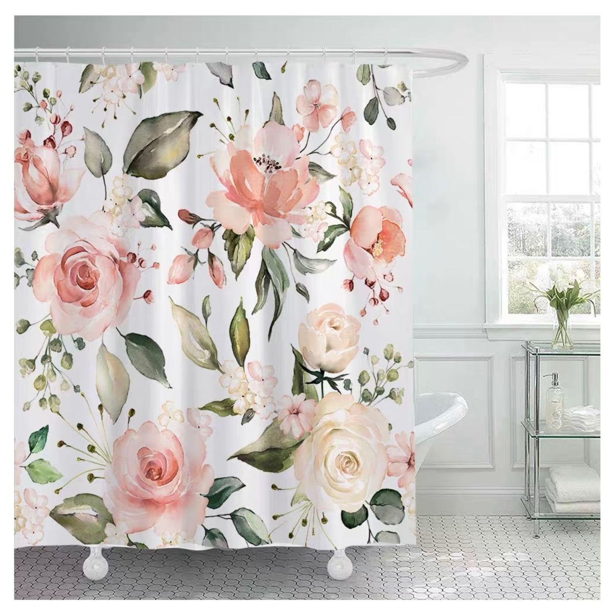 COMPRAPO - Cortina Baño Impermeable Susurro de Flor más 12 Ganchos 180x180 Cm.