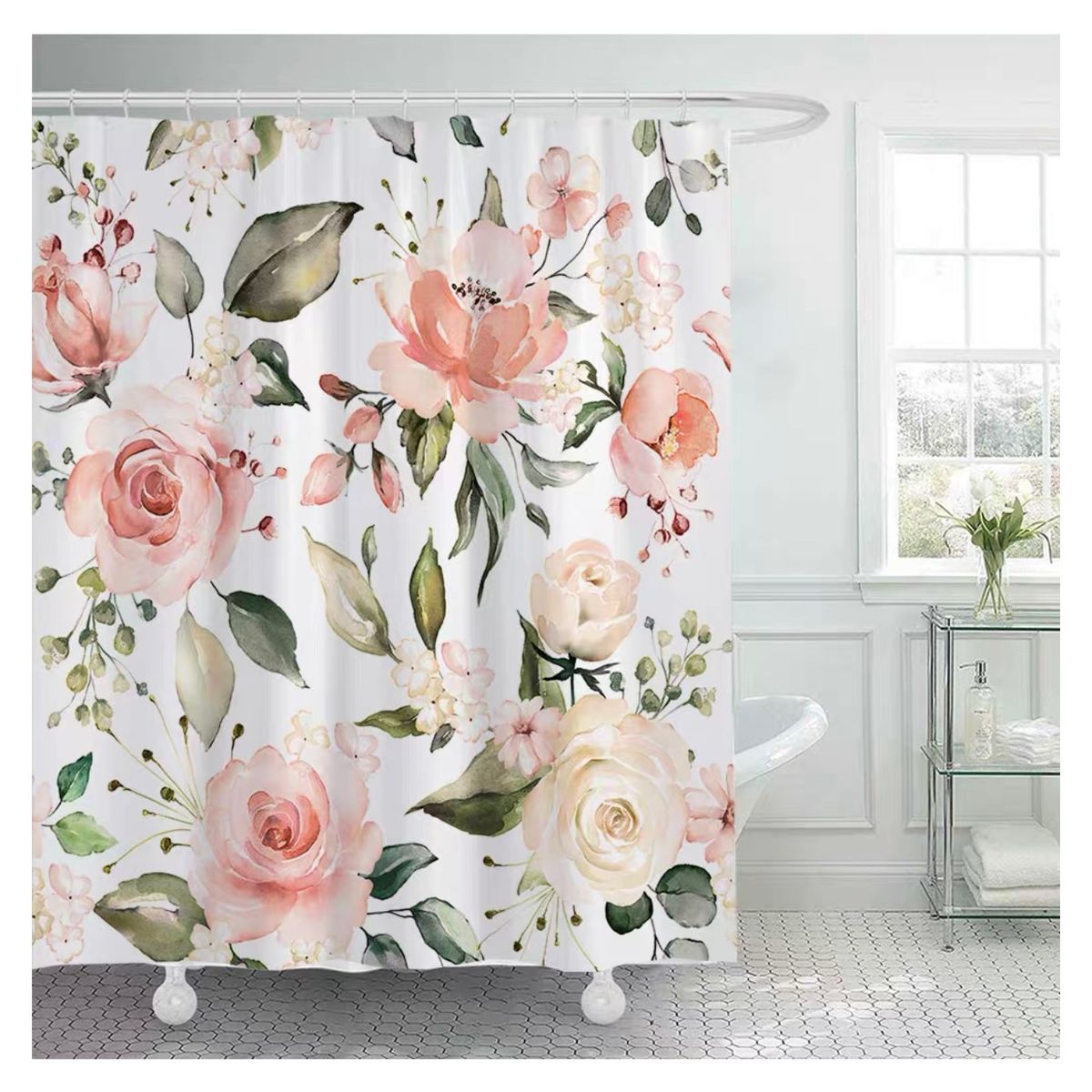 COMPRAPO - Cortina Baño Impermeable Susurro de Flor más 12 Ganchos 180x180 Cm.