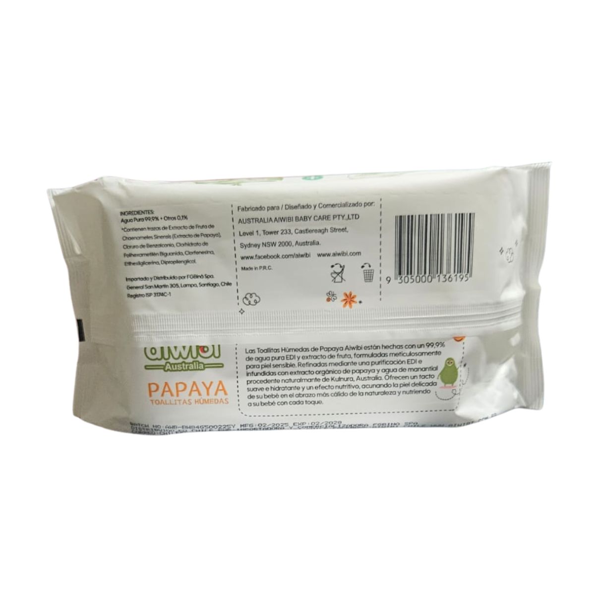 AIWIBI - 8 paquetes Toallitas Aiwibi 99.9% Agua Con Fibra De Papaya