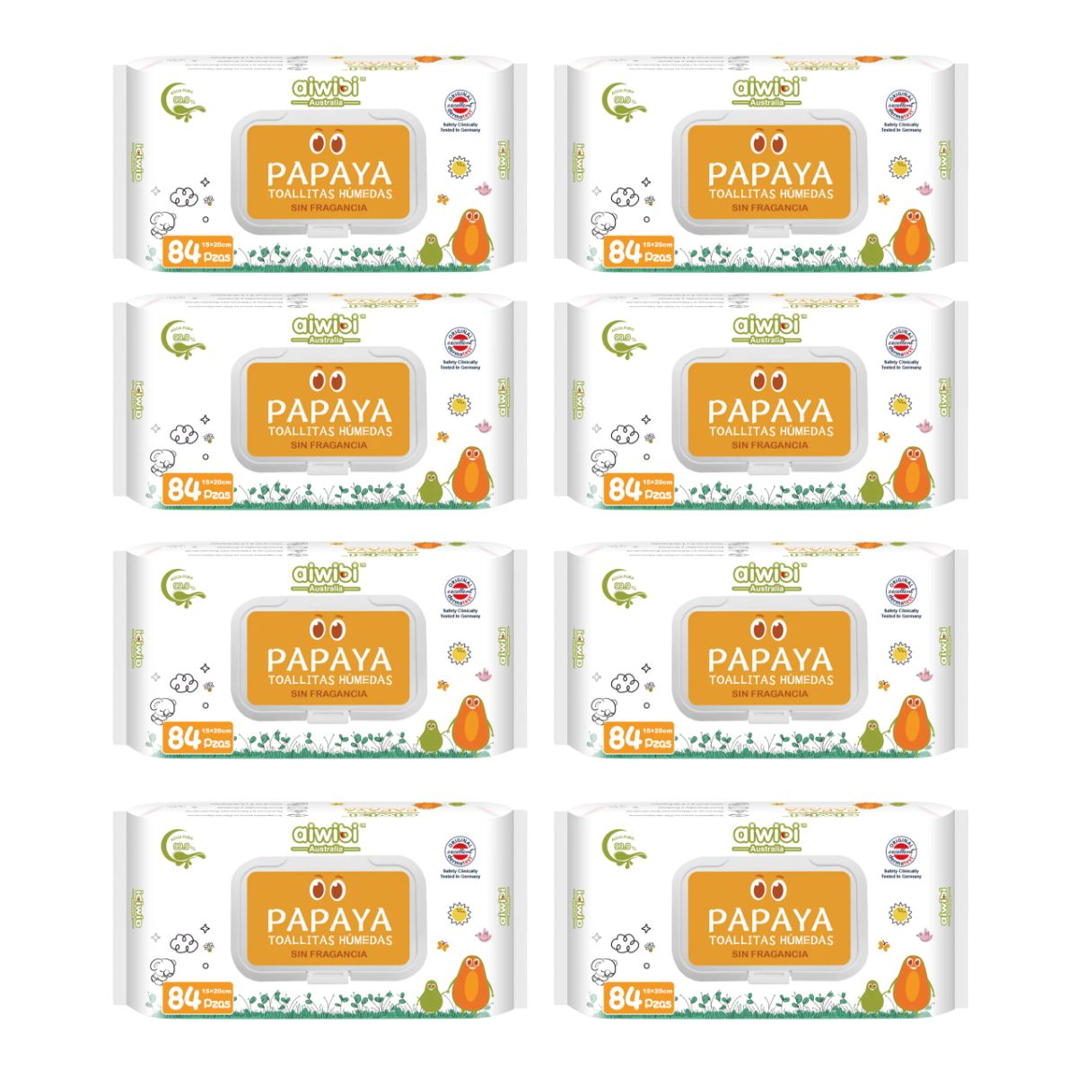 AIWIBI - 8 paquetes Toallitas Aiwibi 99.9% Agua Con Fibra De Papaya