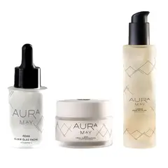 AURA MAY - Pack Crema Facial Energizante dia + Oleo Facial Iluminador + Agua Micelar