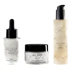 AURA MAY - Pack Crema Facial Noche regeneradora + Oleo Facial Iluminador + Agua Micelar