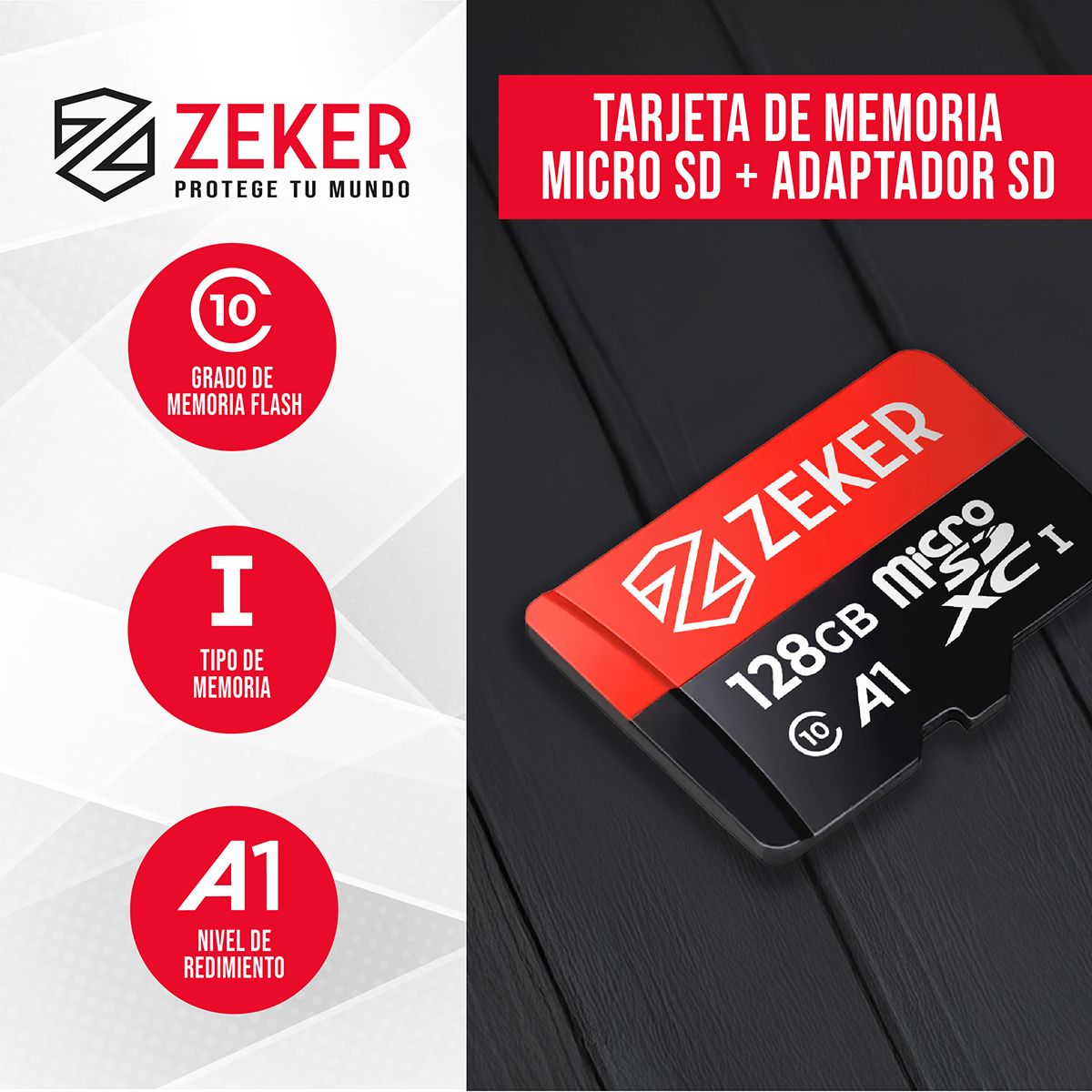ZEKER - Tarjeta Micro Sd Memoria 128 Gb Zeker Velocidad 100mbps Adaptador SD