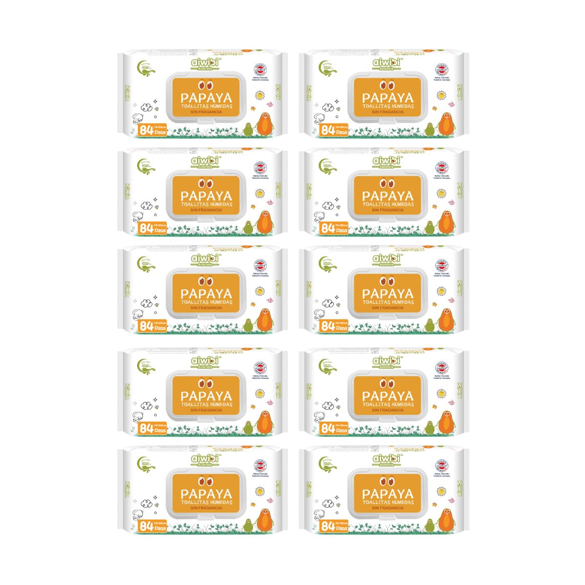 AIWIBI - 10 paquetes Toallitas Aiwibi 99.9% Agua Con Fibra De Papaya