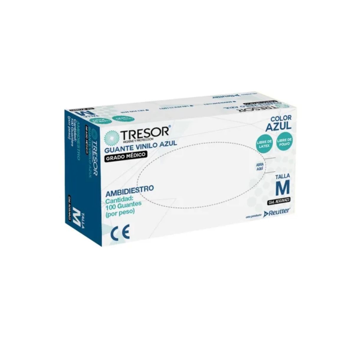 REUTTER - Guante Vinilo Azul Tresor M Sin Polvo Pack X 100 Unidades