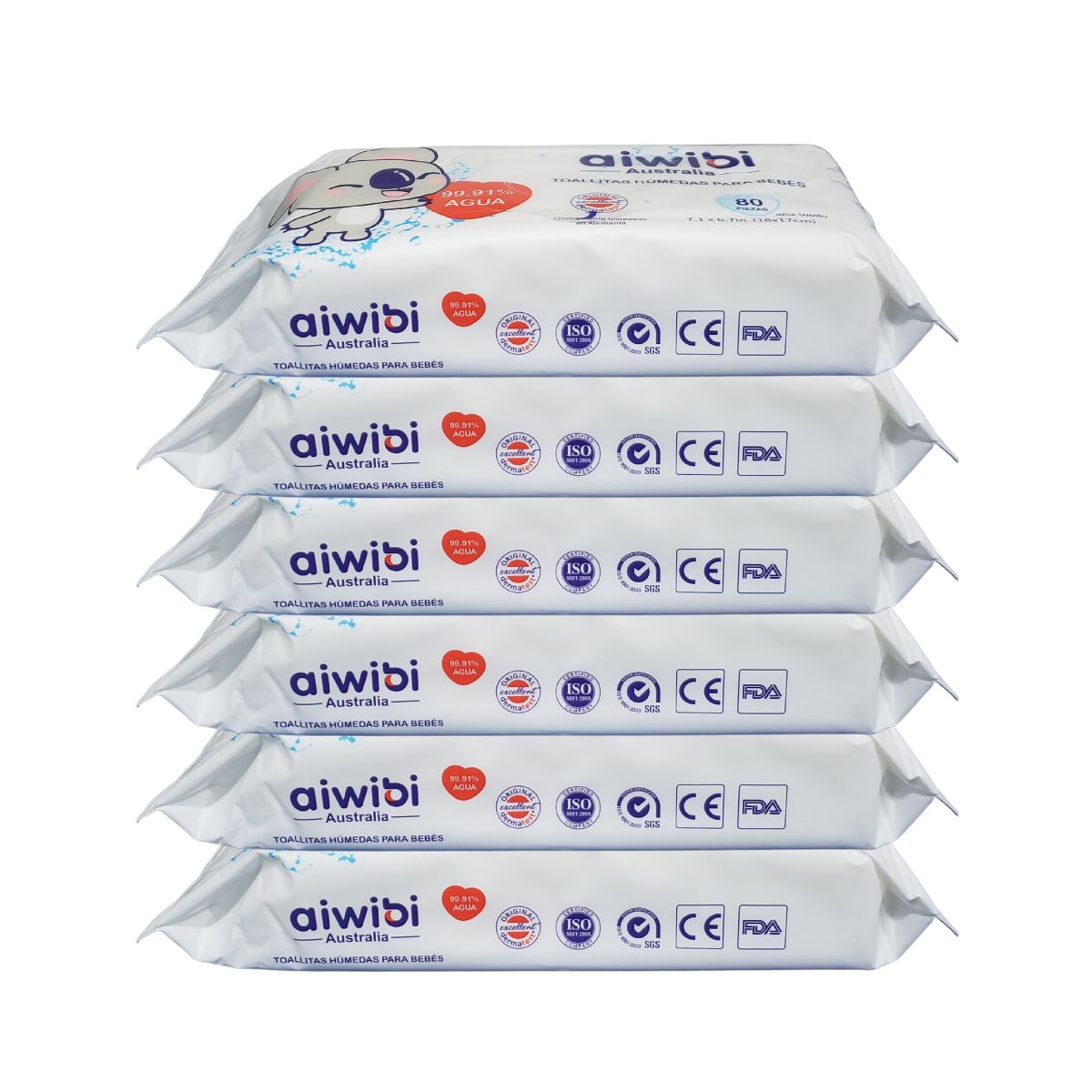 AIWIBI - 6 Paquete Toallitas Húmedas Aiwibi 99.91% Agua Pura