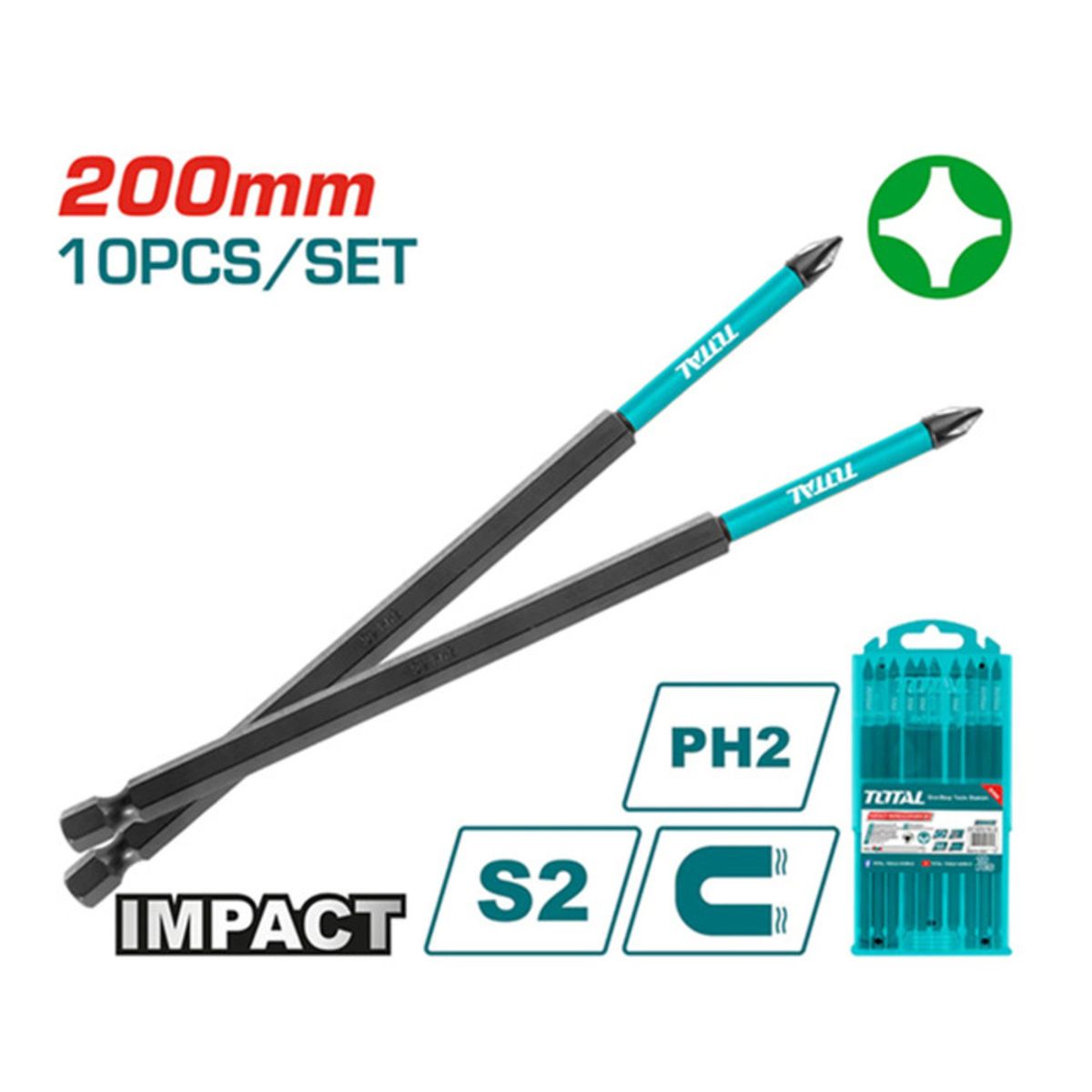 TOTAL TOOLS - Punta Phillips Impacto S2 Ph2 200mm Magnético 10 Pcs Total