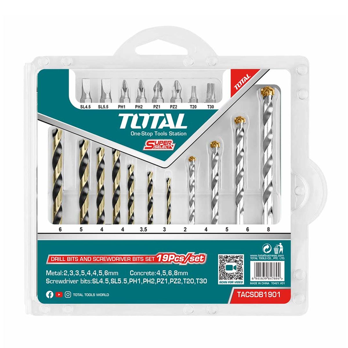 TOTAL TOOLS - Juego Brocas Y Puntas P Atornillador Taladro 19 Pcs