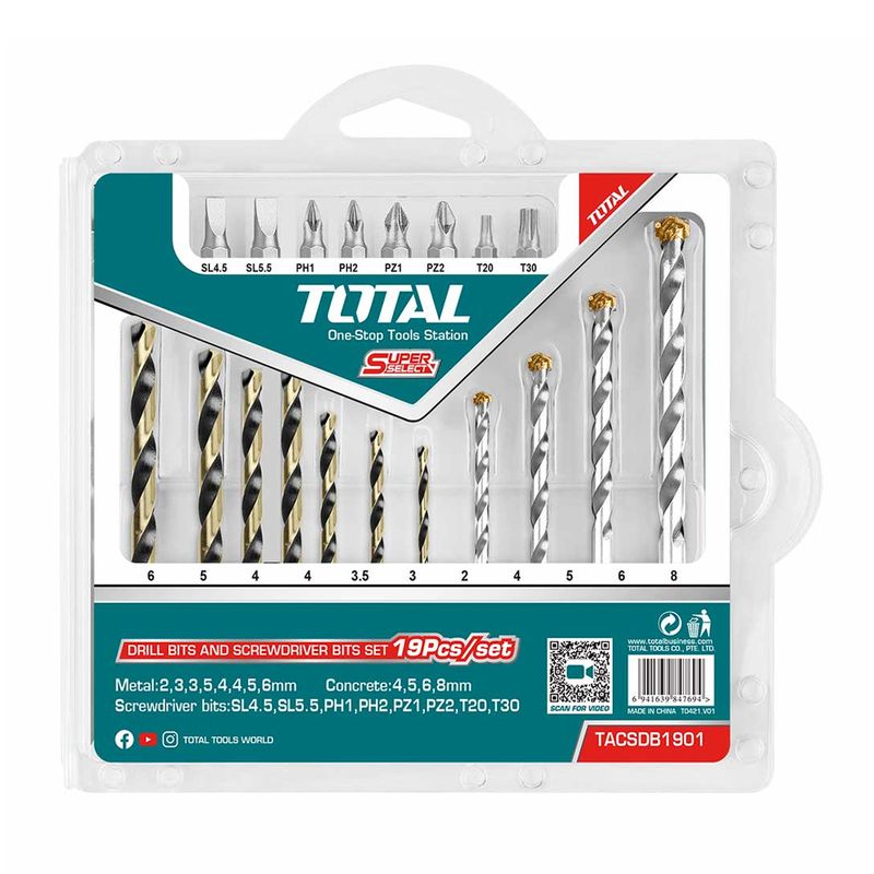 TOTAL TOOLS - Juego Brocas Y Puntas P Atornillador Taladro 19 Pcs