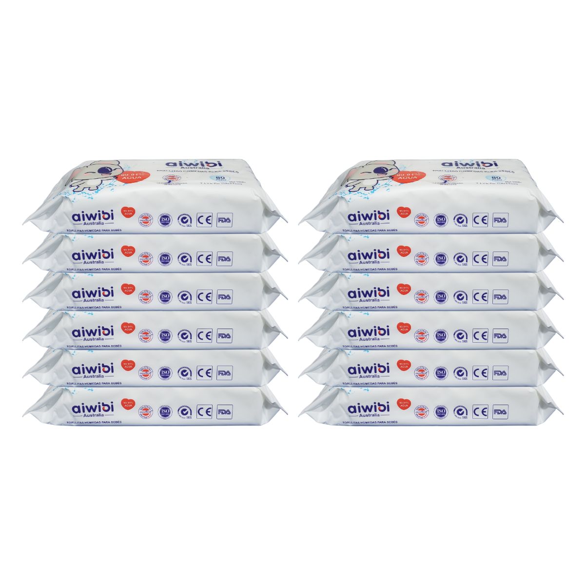 AIWIBI - 12 Paquete Toallitas Húmedas Aiwibi 99.91% Agua Pura