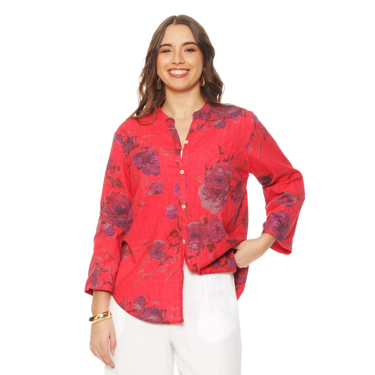 WADOS - BLUSA MANGA LARGA LINO ESTAMPADO ABOTONADA EN DELANTERO CON BOLSILLO